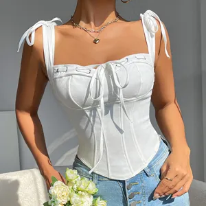 White corset top with shoulder ties and front lace up detail, slim fit sexy camisole for women.