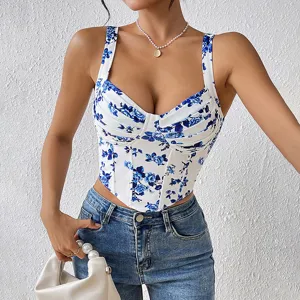 Top corsé ajustado con estampado floral azul y blanco, elegante camiseta de tirantes para mujer.