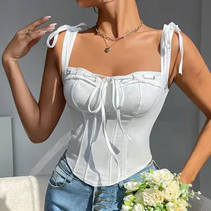 Sexy slim-fit white corset top with bow tie straps and square neck for women detail view.