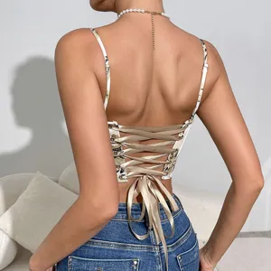 Backless floral corset crop top with satin lace-up ribbons and spaghetti straps for women.