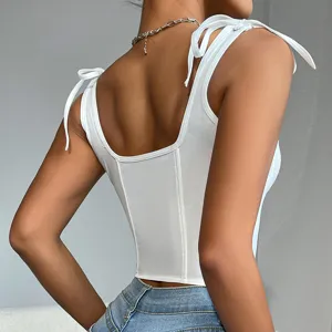 Sexy slim fit corset camisole detail showing back design, square neck with shoulder bow ties.