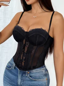 Black lace corset top sexy sheer mesh bustier spaghetti strap cami crop top for women