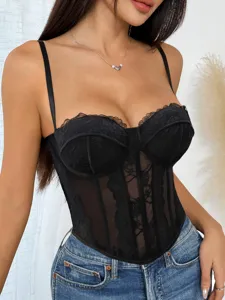 Black lace patchwork corset top, sexy slim camisole bustier for women's stylish daily wear.