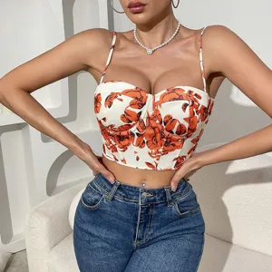Retro floral print cropped bustier top, sexy strappy corset top for women fashion wear.