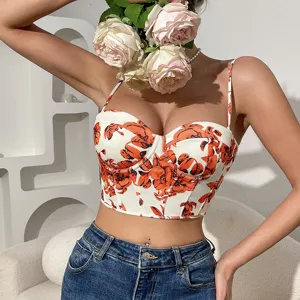 Women vintage floral print corset crop top, sexy sleeveless bustier cami streetwear.