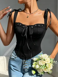 Women black corset top sexy square neck camisole with bow tie straps and lace-up front.