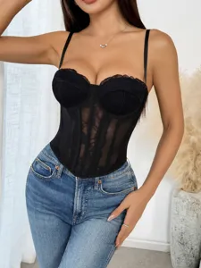 Close-up view of black lace bustier corset top, sexy slim fit strappy design, fashion wear.