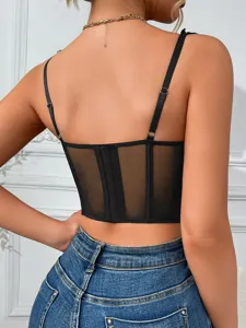 Zwarte mesh corset top achterkant met verstelbare bandjes en een slanke, aansluitende pasvorm.