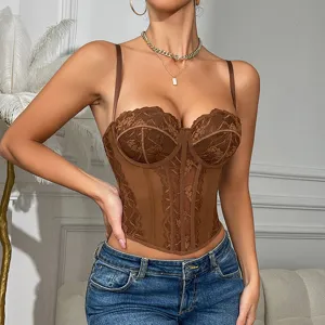 Brown lace bustier corset top, sexy slim fit sleeveless camisole for women daily wear.