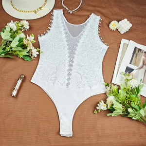 Body sexy en dentelle blanche pour femme, col V creux, dos nu transparent, haut moulant.