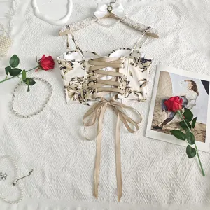 Vintage floral print strapless corset crop top with lace-up ribbon back detail for women.