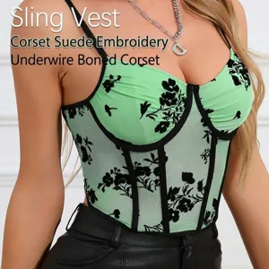 Green mesh corset top with floral embroidery, boned bustier camisole for women details.