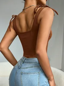 Brown corset cami top for women featuring trendy bow tie straps and a stylish square back.