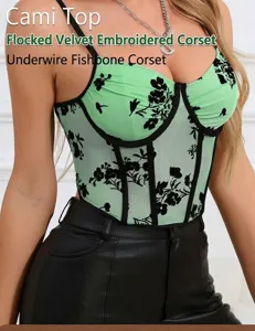 Green mesh floral embroidered corset camisole, sexy underwire boned waist top for women.
