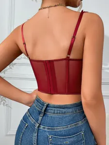 Rode mesh corset top achteraanzicht, sexy zomer bustier met verstelbare schouderbandjes.