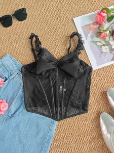 Zwarte kanten doorschijnende korsettop met grote strik, baleinen slim camisole voor dames zomer.