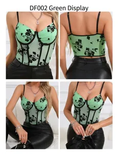 Floral mesh corset camisole featuring underwire support, velvet embroidery, and spaghetti strap.