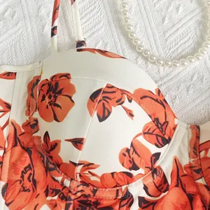 Floral print corset top detail view, structured sweetheart neckline with floral pattern.
