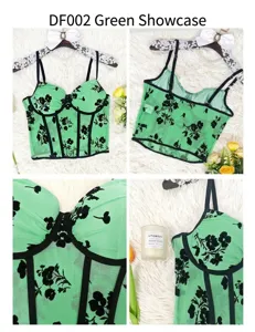 Green floral mesh corset camisole top with boning, sexy sheer bustier for women fashion.