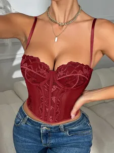 Burgundy lace bustier corset top, sexy sleeveless strappy camisole for women party wear.