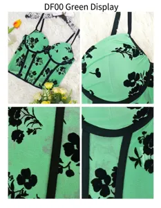 Green mesh floral corset top detail shot, showing underwire, boning and textured velvet embroidery.