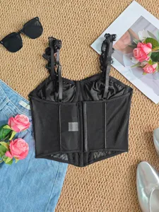 Zwarte kanten korset top sexy transparante bustier met baleinen voor de zomer.
