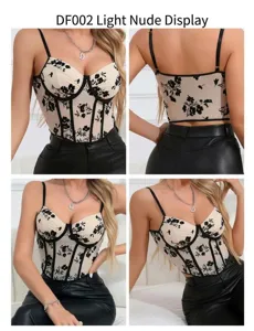 Detailed view of beige mesh floral embroidered corset top with underwire and straps.
