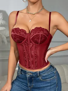 Dark red lace corset top for women, sexy slim fit bustier crop top with thin straps.