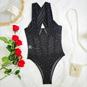 Damen sexy transparenter Netz Halfter Body Korsett Oberteil rückenfrei Polka Dot Party