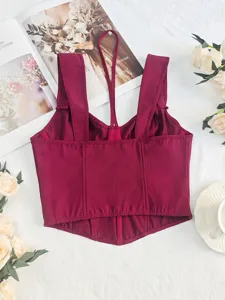 Burgundy corset cami top detail, sexy French fishbone slim bustier with straps.