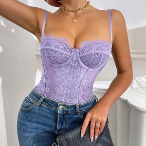 Sexy purple lace patchwork mesh camisole bodysuit for women, stylish slim fit apparel.