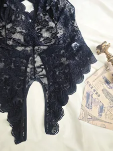 Grote maat sexy kant teddy lingerië open kruis doorzichtige bodysuit vrouwen