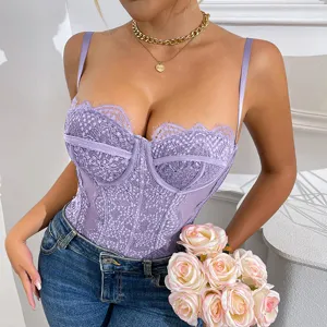 Close-up view of purple lace trim bodysuit, sheer mesh details and stylish design.