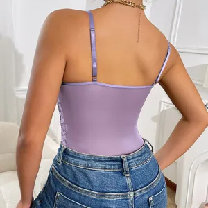 Detail view of the purple mesh lace splicing sexy bodysuit, showing back strap design.