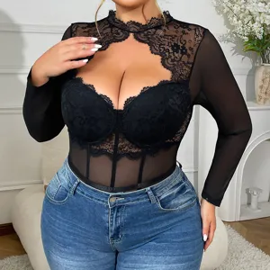 Plus size black sheer lace bodysuit with long sleeves and elegant cutout design for women.