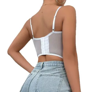 Weißes transparentes Mesh Bustier Crop Top mit verstellbaren Trägern und Hakenverschluss.