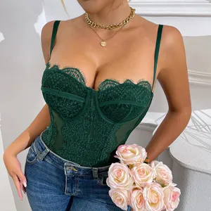 Dark green lace trim mesh bodysuit featuring sexy sheer panels, slim fit and delicate straps.