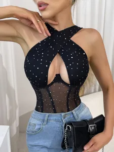 Sexy schwarzes Neckholder Strass Mesh Korsett Body ärmelloses Party Club Oberteil