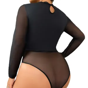 Plus size sexy sheer lace mesh long sleeve bodysuit with open back cutout for women.