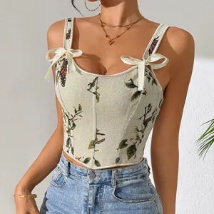 French floral jacquard corset top with elegant bow straps, sexy slim-fit camisole.