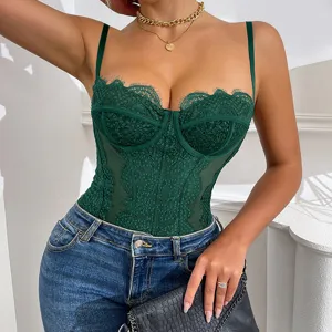 Dark green lace corset bodysuit detail, sheer mesh splicing, elegant strappy design, close-up.