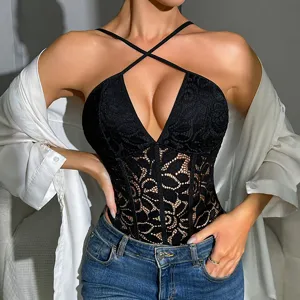 Sexy black lace bodysuit for women, halter neck deep v-neck backless clubwear top.