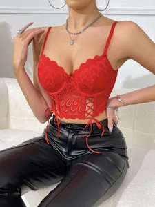 Top corset sexy en dentelle rouge pour femmes, bustier push-up avec laçage latéral.