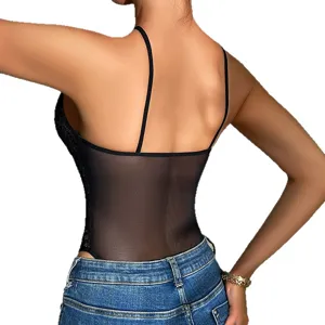 Sexy backless mesh lace bodysuit for women, European and American style tight camisole top.