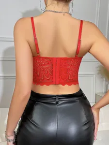 Corset en Dentelle Rouge Bustier Haut Dos Nu Sexy Crop Top pour Femme de Soiree