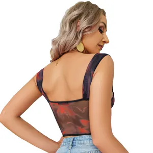 Detail view of women mesh print corset boning crop camisole top, stylish streetwear.