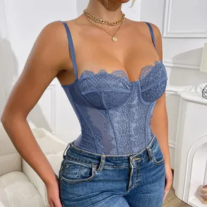Blue lace sheer mesh bodysuit detail view, sexy camisole styling for women fashion apparel