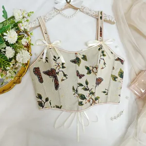 Top corsé jacquard mariposa floral estilo francés vintage sexy mujer elegante chic