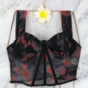 Detailed view of women mesh floral print underwire boned crop camisole top detail