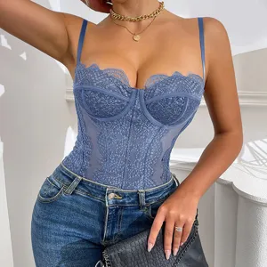 Blue lace patchwork bustier bodysuit, sexy sheer mesh cami top for women streetwear.